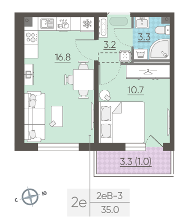 Однокомнатная квартира 35 м²