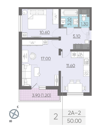 Двухкомнатная квартира 50 м²