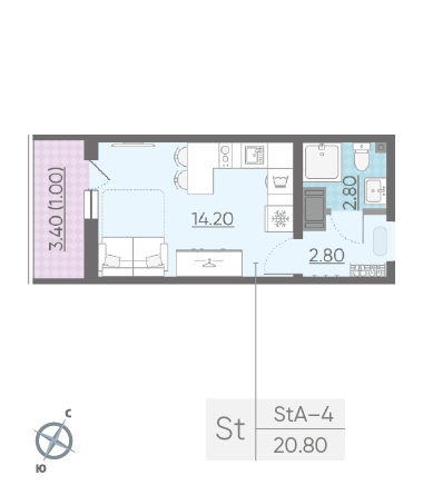 Студия 20.8 м²
