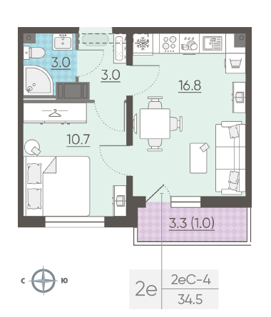 Однокомнатная квартира 34.5 м²