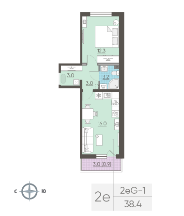 Однокомнатная квартира 38.4 м²