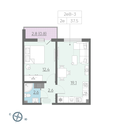 Однокомнатная квартира 37.5 м²