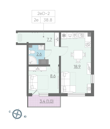 Однокомнатная квартира 38.8 м²