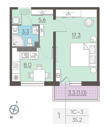 Однокомнатная квартира 35.2 м²