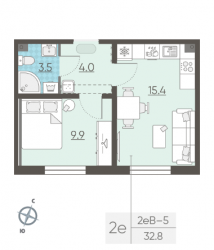 Однокомнатная квартира 32.8 м²