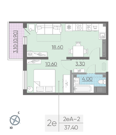 Однокомнатная квартира 37.4 м²