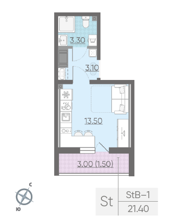 Студия 21.4 м²
