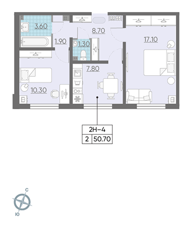 Двухкомнатная квартира 50.7 м²