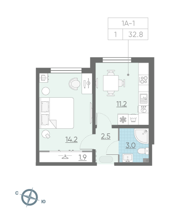 Однокомнатная квартира 32.8 м²