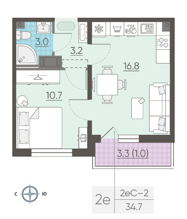 Однокомнатная квартира 34.7 м²