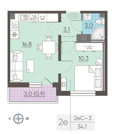 Однокомнатная квартира 34.1 м²
