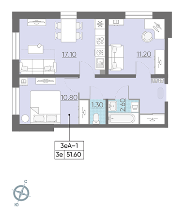 Двухкомнатная квартира 51.6 м²