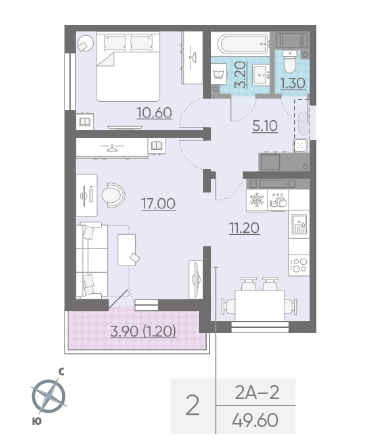 Двухкомнатная квартира 49.6 м²