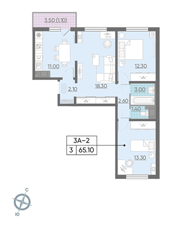 Трёхкомнатная квартира 65.1 м²