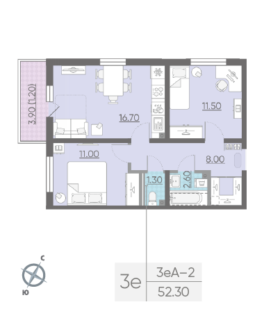 Двухкомнатная квартира 52.3 м²