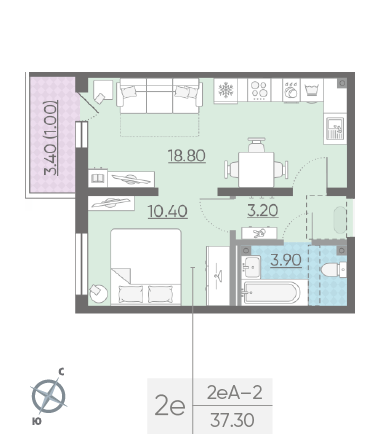 Однокомнатная квартира 37.3 м²