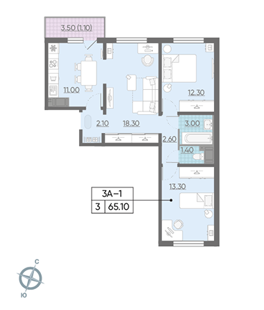 Трёхкомнатная квартира 65.1 м²