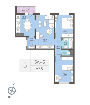 Трёхкомнатная квартира 67.9 м²