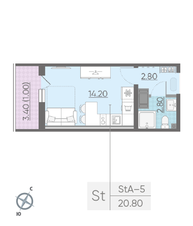 Студия 20.8 м²