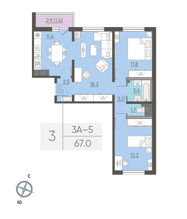 Трёхкомнатная квартира 67 м²