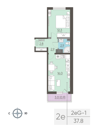 Однокомнатная квартира 37.8 м²